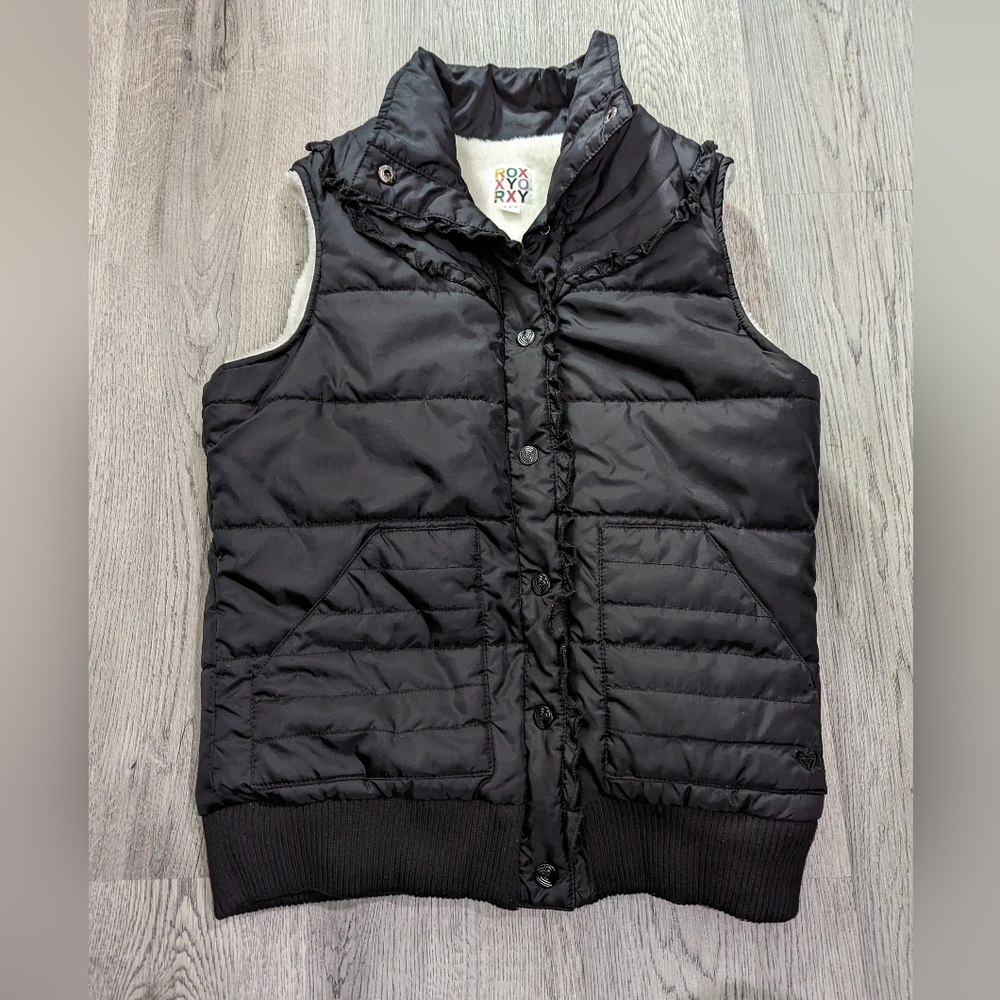 Roxy Y2K Black Faux Fur Lined Puffer Vest Ruffle M